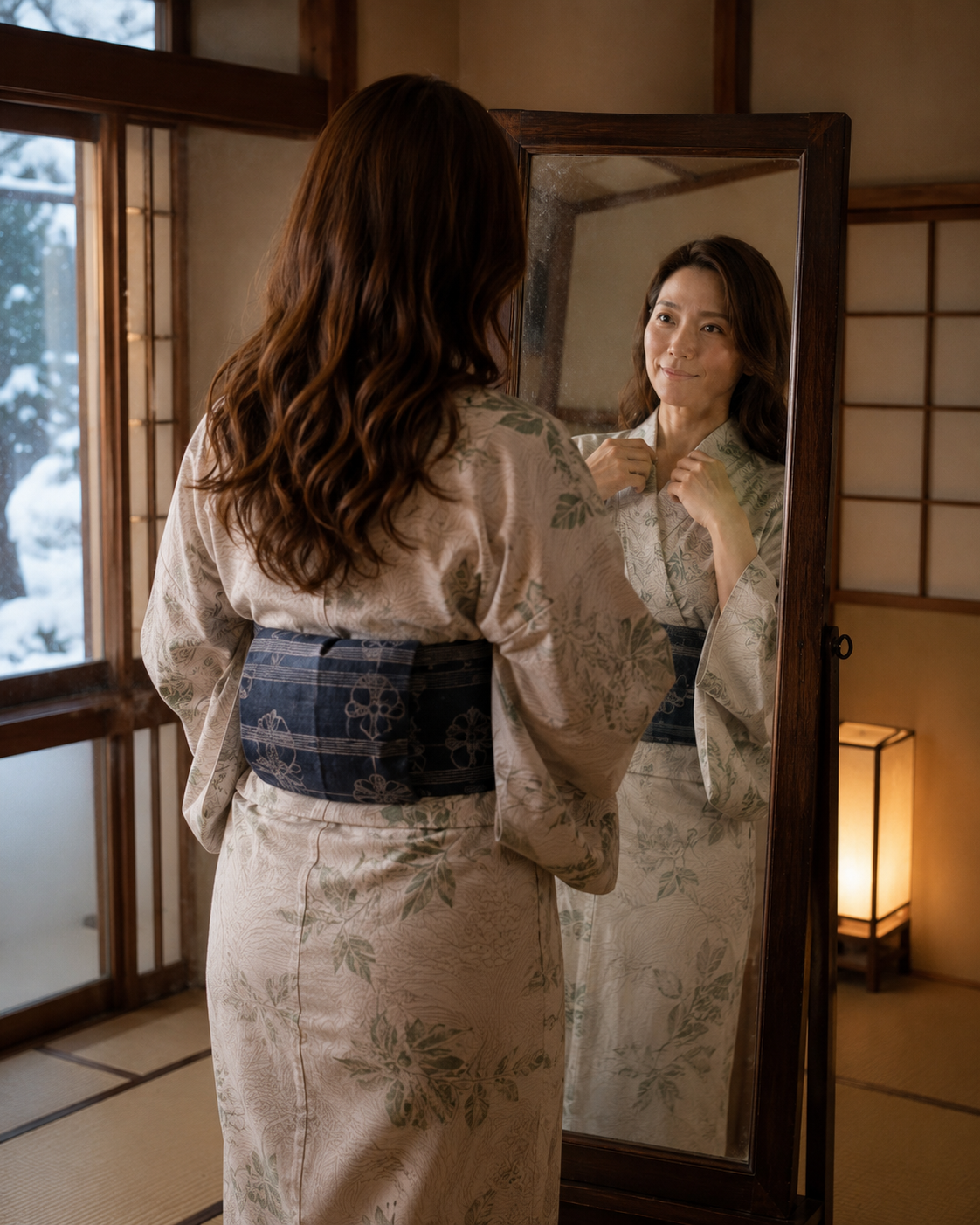 水瀬佳乃 鏡越しに浴衣を整える