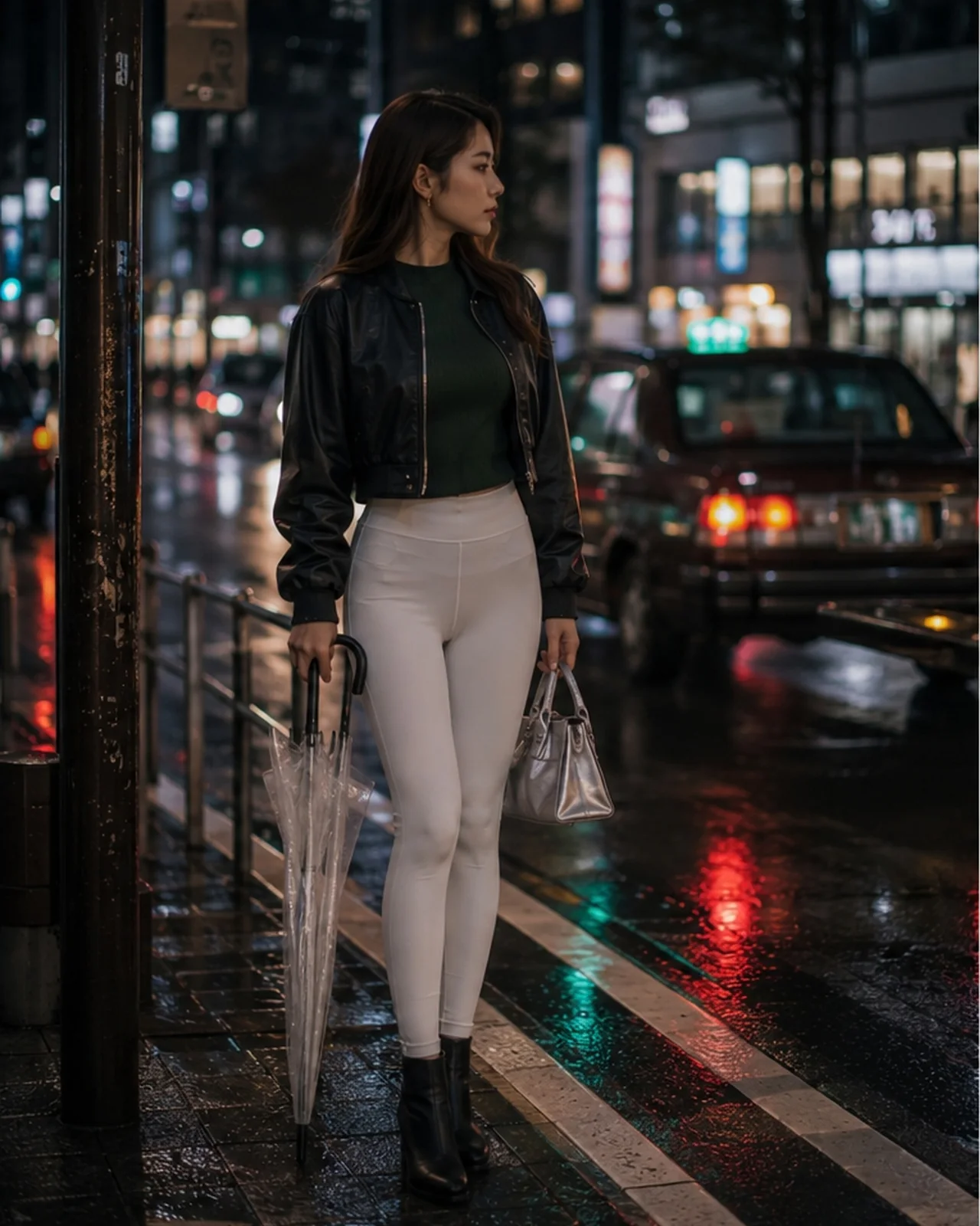雨の原宿の夜道で傘を持つ架空の日本人女性