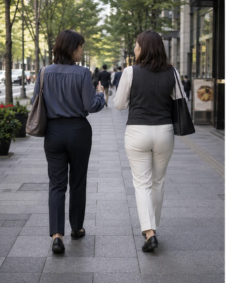 丸の内仲通りを並んで歩く二人の架空の日本人オフィス女性