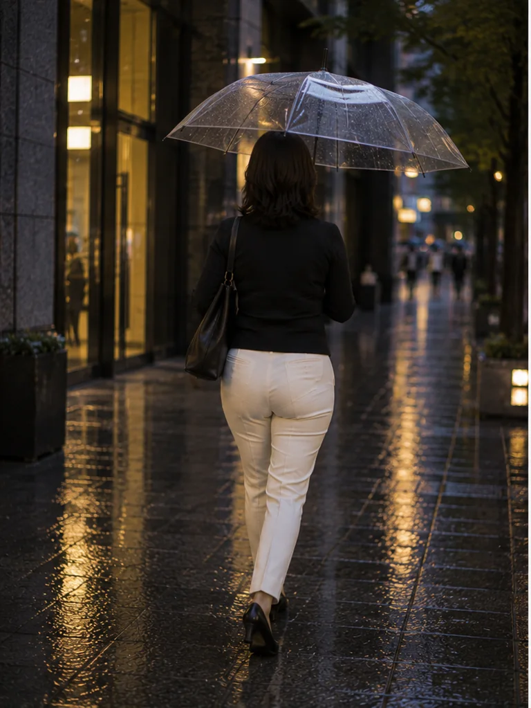 雨の丸の内仲通りを透明傘で歩く架空の日本人女性