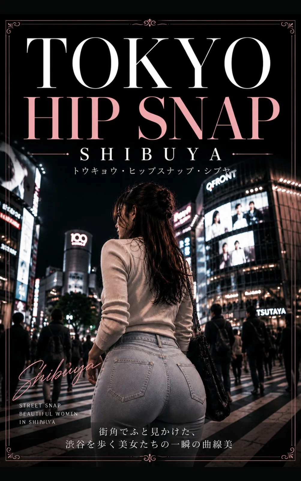 TOKYO HIP SNAP SHIBUYAの表紙。夜の渋谷スクランブル交差点を歩く架空の日本人女性
