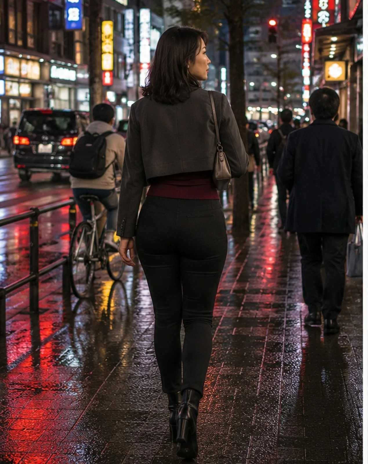 雨の新宿ネオン街を歩く架空の日本人女性