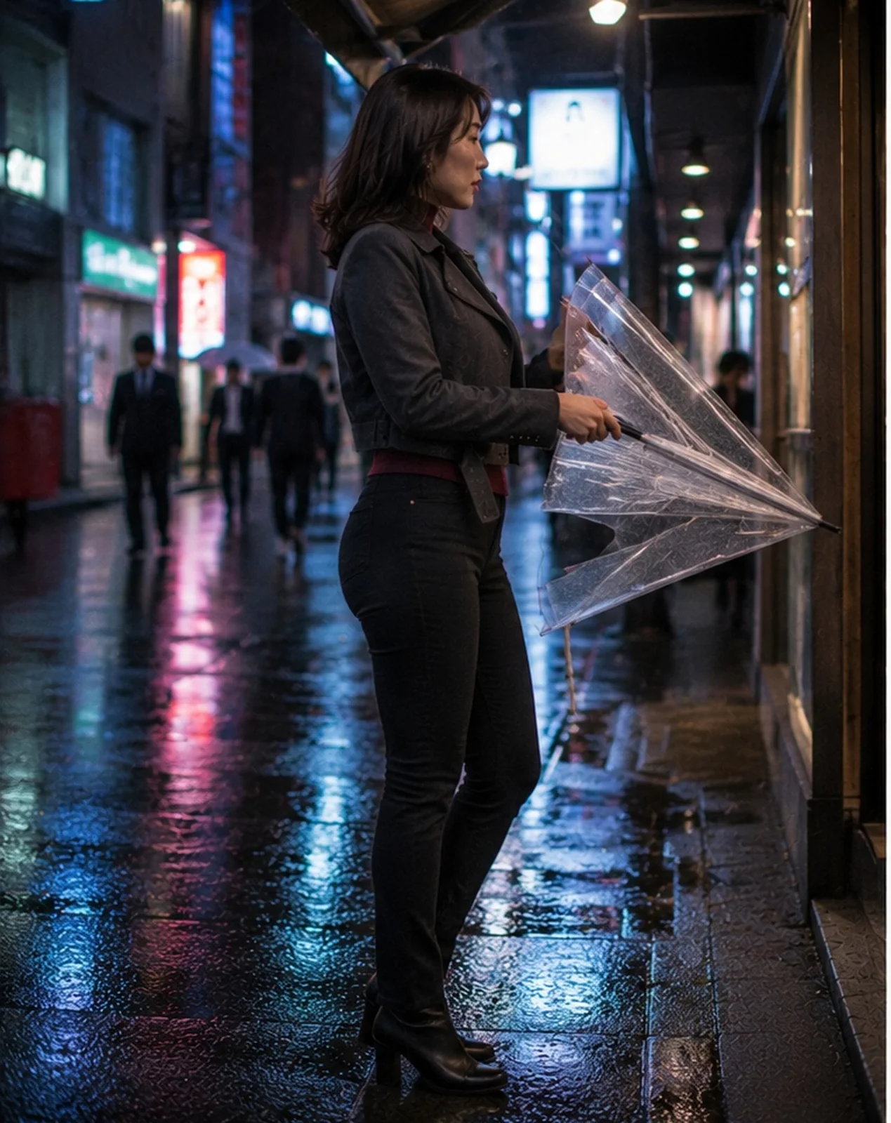 新宿の雨上がりの路地で透明傘を持つ架空の日本人女性