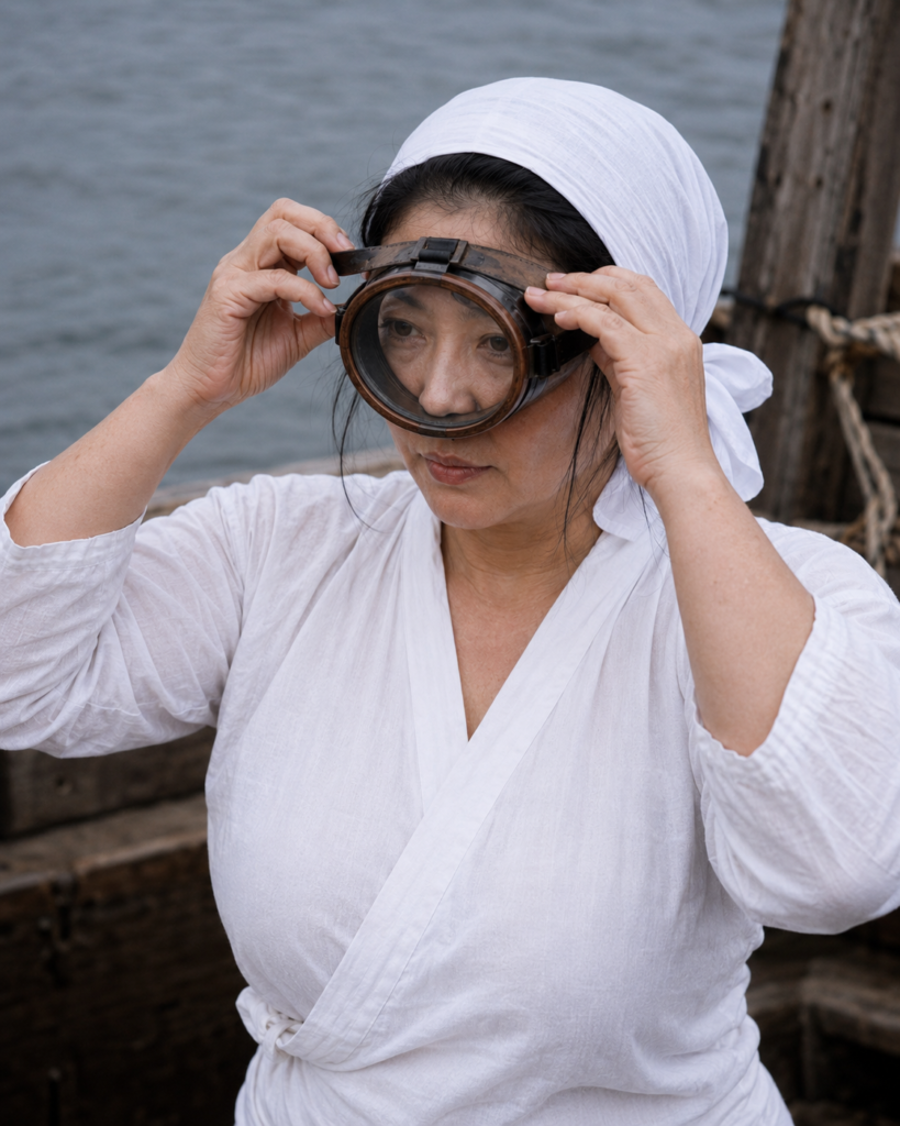 1972年安乗、海に入る前に潜水眼鏡を装着する海女の再構成シーン
