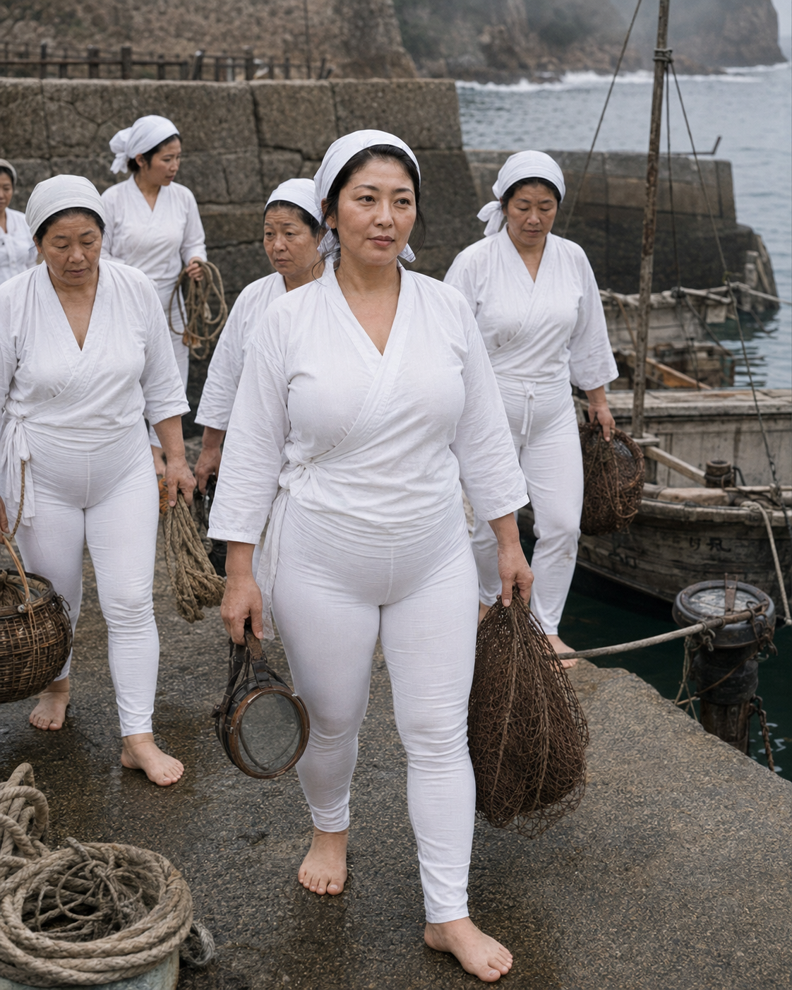 1972年安乗で海女が港へ向かう出来事の再構成シーン
