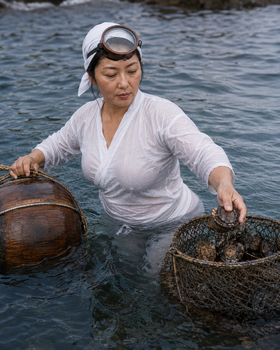 スカリへ獲物を入れる海女