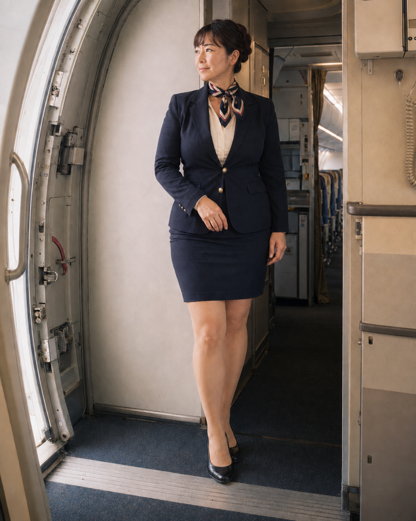 1979年の旅客機客室で搭乗案内位置につく藤堂美咲 CUT019