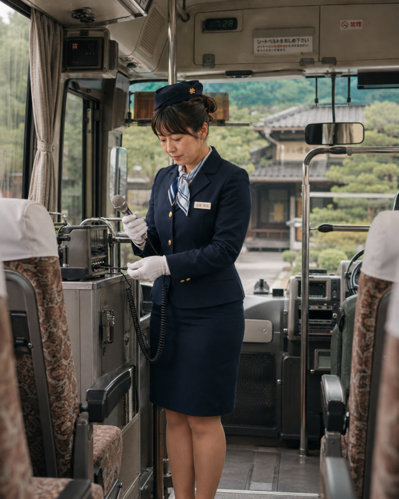 1984年京都の観光バス車内でマイクを確認するバスガイド宮原理恵の再構成シーン