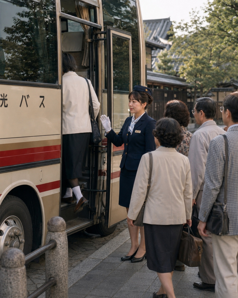 1984年京都、観光バスへの再乗車を管理するバスガイド宮原理恵の再構成シーン