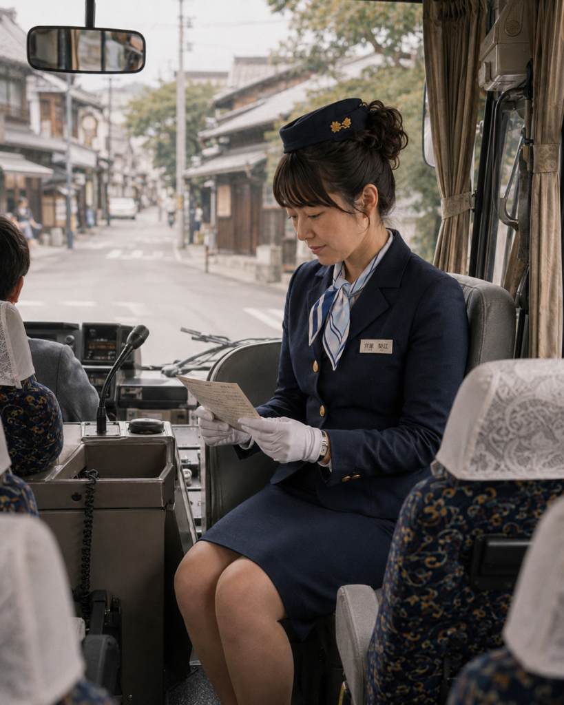 1984年京都の観光バス車内で行程時間を確認するバスガイド宮原理恵の再構成シーン