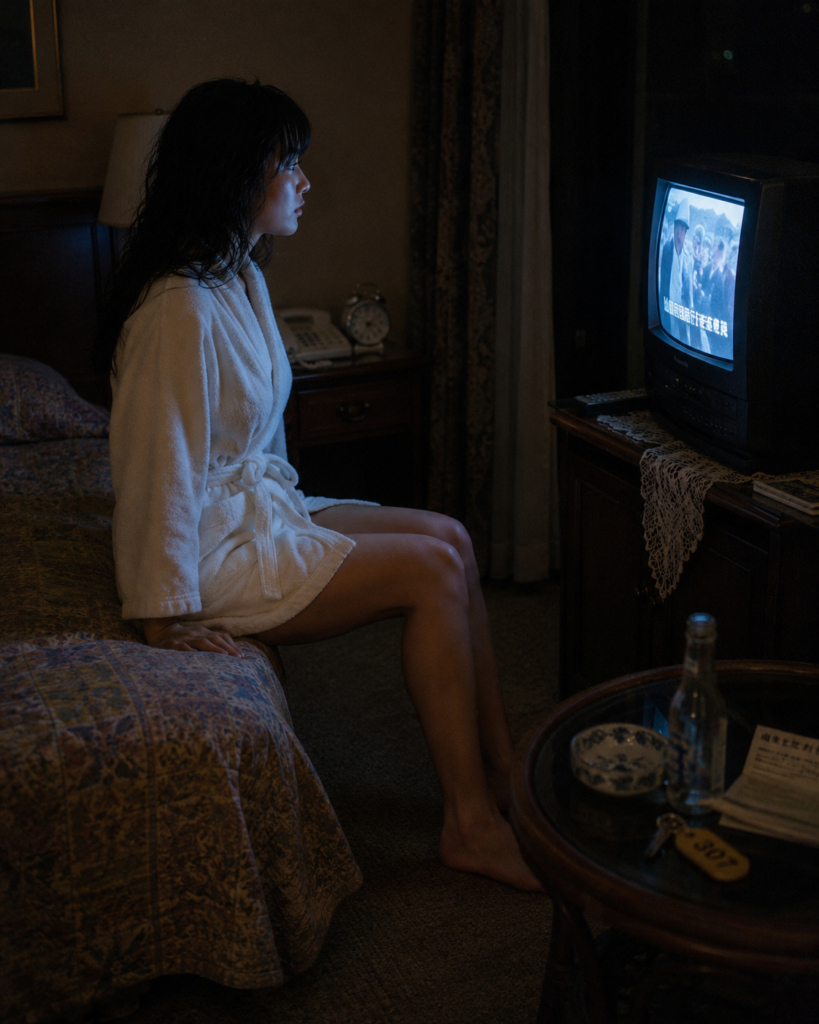 1987年伊豆の宿泊室でブラウン管テレビの光を見る場面を再構成したOCS Archive CUT026。画面内番組内容は史実資料として扱わない