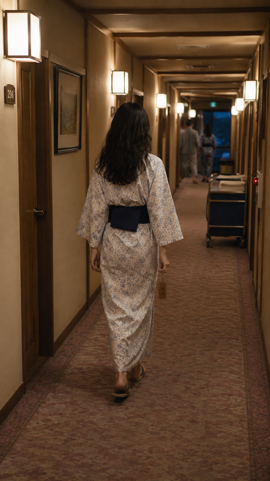 1987年伊豆の旅館廊下を浴衣で歩くMAIKAの再構成シーン
