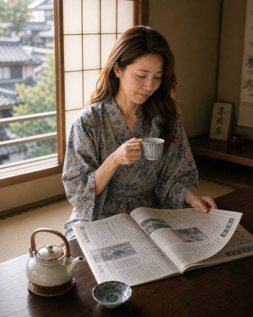 1989年伊豆の旅館客室で朝の茶と新聞を読む場面。OCS再構成ビジュアル。
