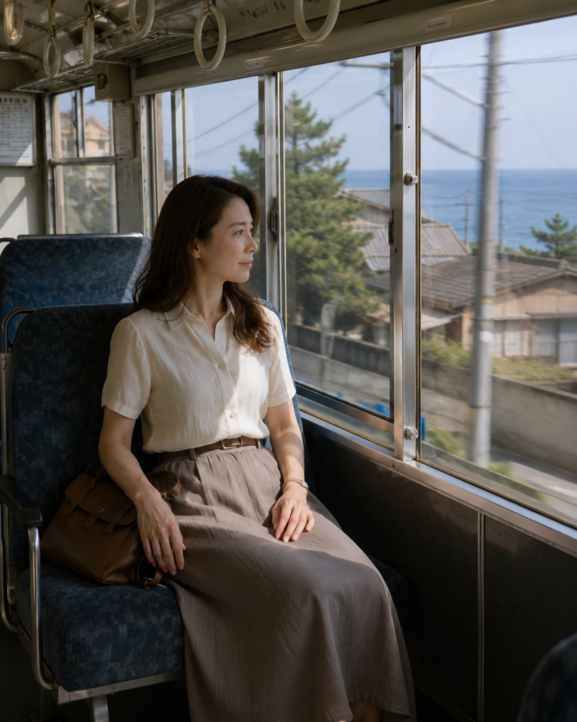 1989年伊豆の旧型路線バス車内、窓辺に座る水瀬佳乃。OCS再構成ビジュアル。