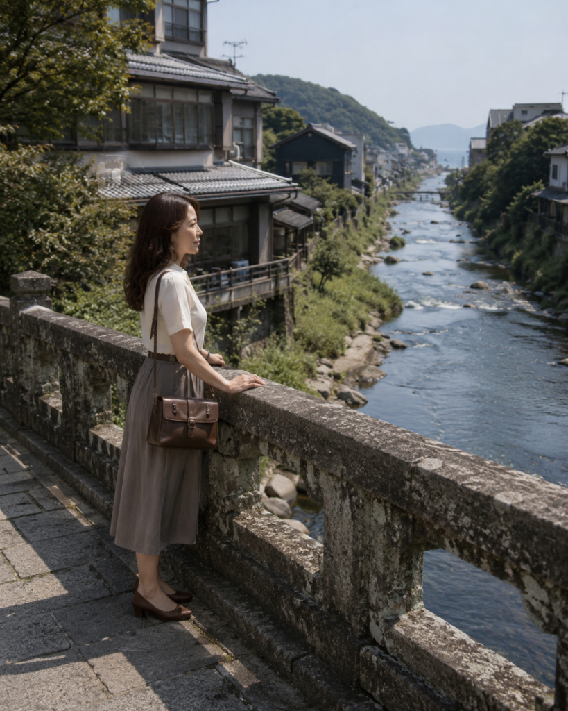1989年伊豆の川沿いの橋を旅館へ歩いて戻る場面。OCS再構成ビジュアル。