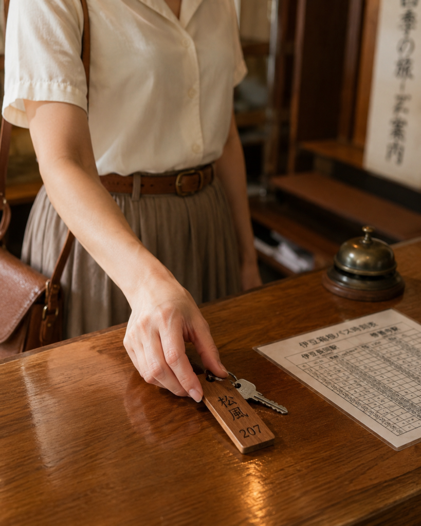 1989年伊豆の旅館フロントで部屋鍵を返す手元。OCS再構成ビジュアル。