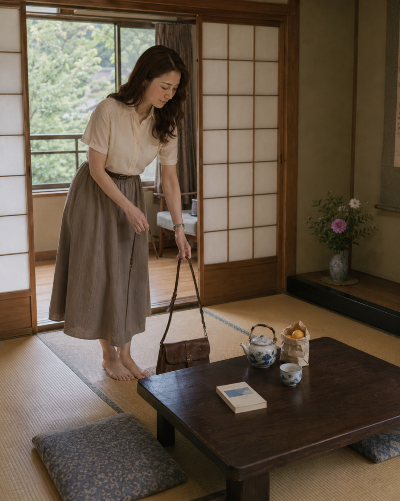 1989年伊豆の旅館客室へ戻り、茶革バッグ・古本・みかんなどを置く場面。OCS再構成ビジュアル。
