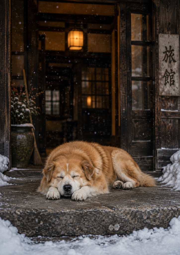 1990年信州、雪の宿の玄関で眠るコロを再構成したSNOW INN CUT003