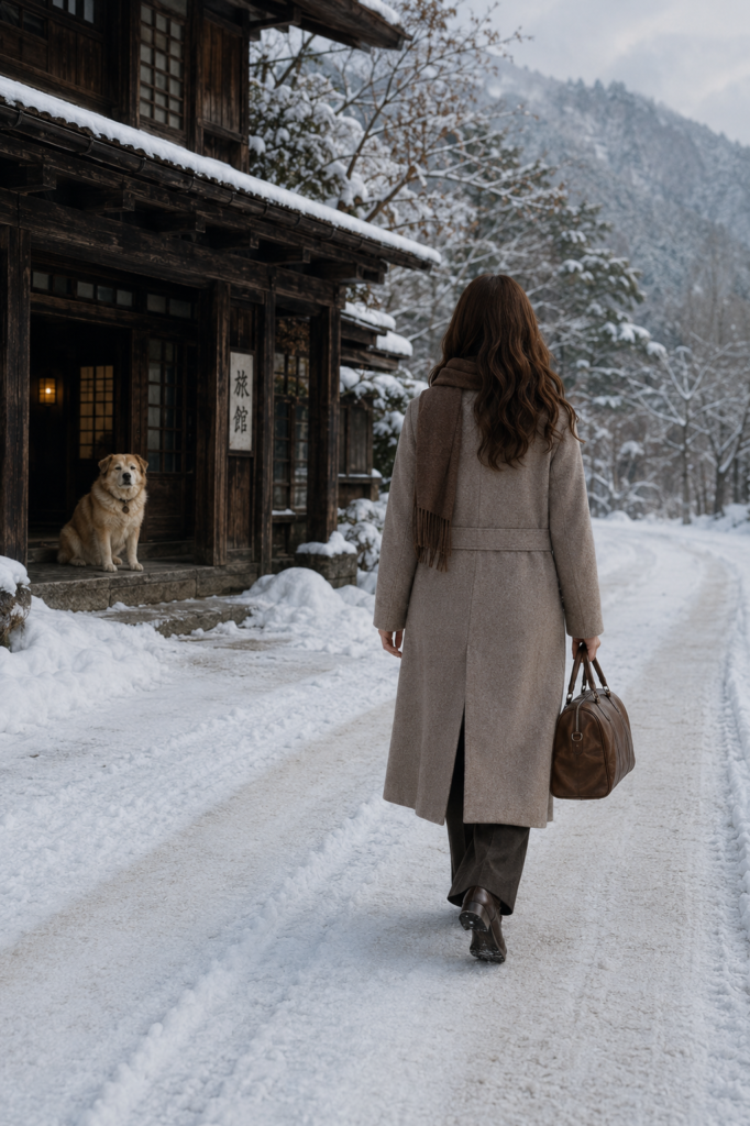 1990年、旅行鞄を持って雪の木造旅館から歩き去る女性を再構成したOCS Archive visual