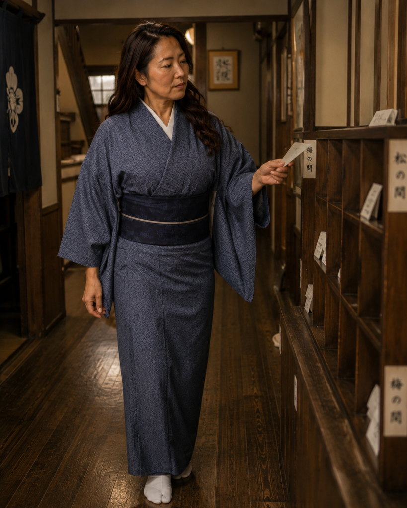 1991年四万温泉の旅館で客室伝票を確認する仲居・白石美佐子の再構成シーン