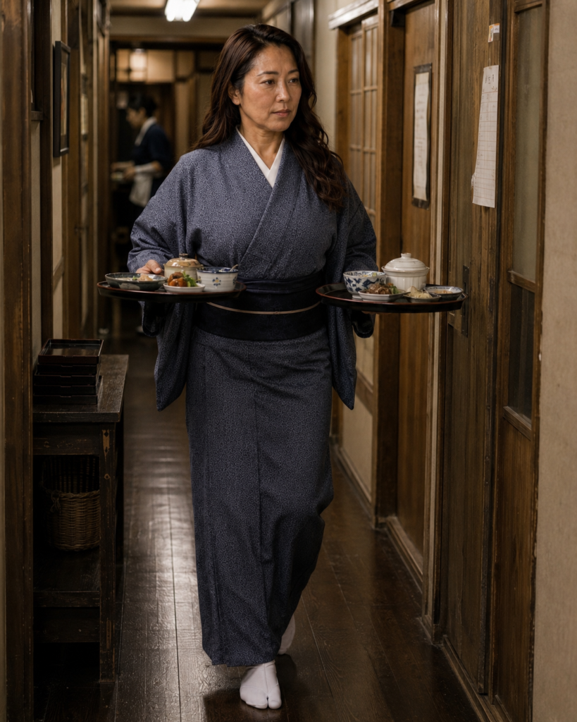 1991年四万温泉の旅館で二つの膳を運ぶ仲居・白石美佐子の再構成シーン