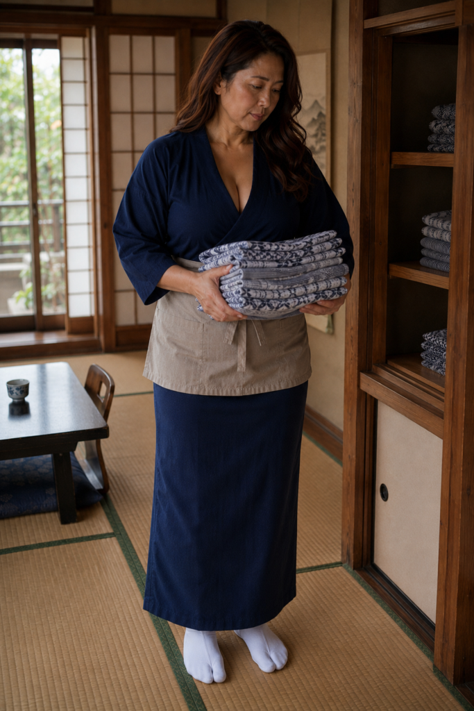 1991年四万温泉の旅館で棚から浴衣を取り出す仲居・白石美佐子の再構成シーン