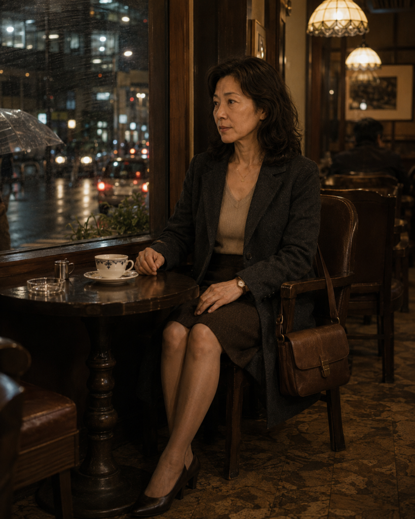 1992年東京、雨の夜に喫茶店の窓辺で過ごす高瀬玲子を再構成したOCS Archive visual