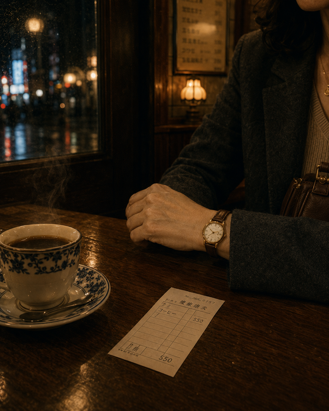 1992年東京のコーヒーとレシートと腕時計