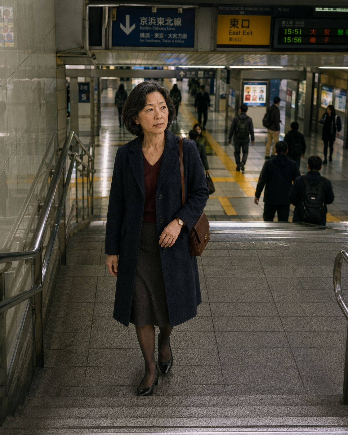 2001年横浜の駅階段を歩く高瀬玲子