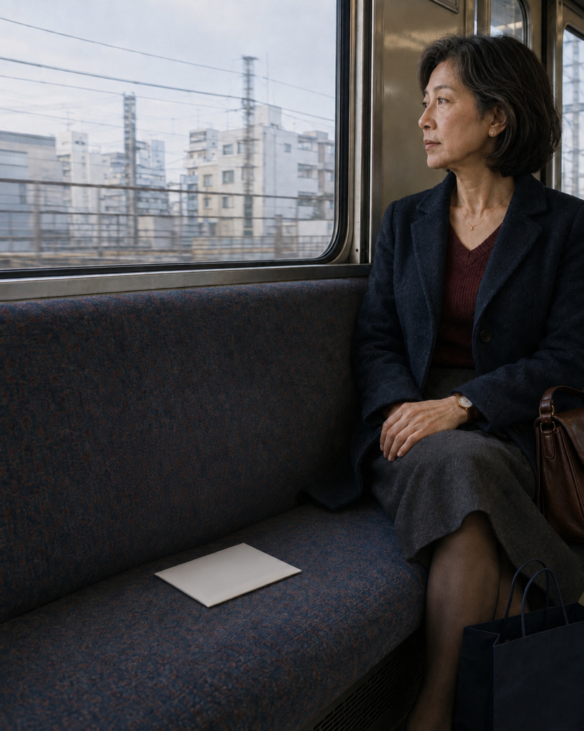 2001年横浜からの始発電車、座席に置かれた白い写真封筒。OCS再構成ビジュアル。