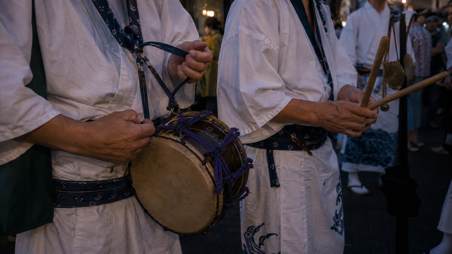 Reconstructed narimono musicians preparing for Koenji Awa Odori in 1993