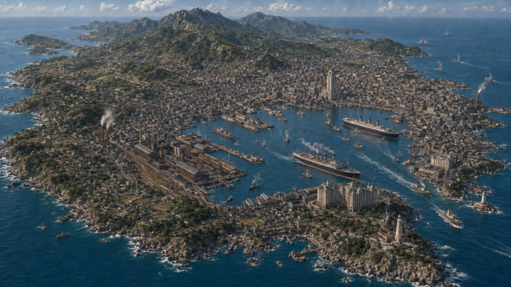1936年の架空自由港島国家・鏡島を俯瞰したOCS KAGAMI WORLD再構成ビジュアル