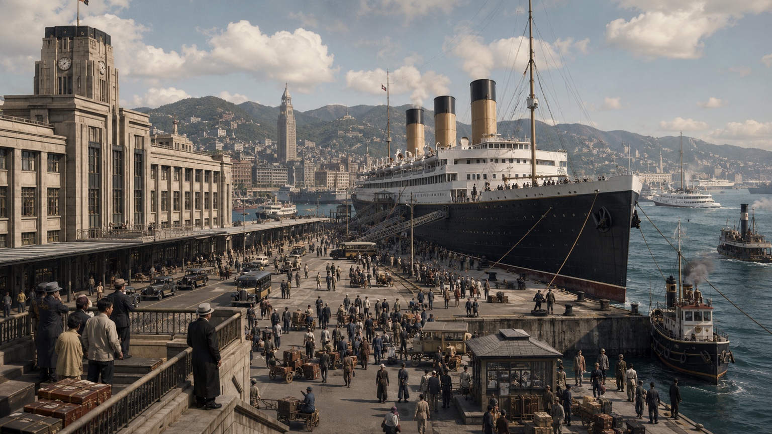 1936年の鏡島・国際旅客ターミナルと大型客船を描いたOCS KAGAMI WORLD再構成ビジュアル
