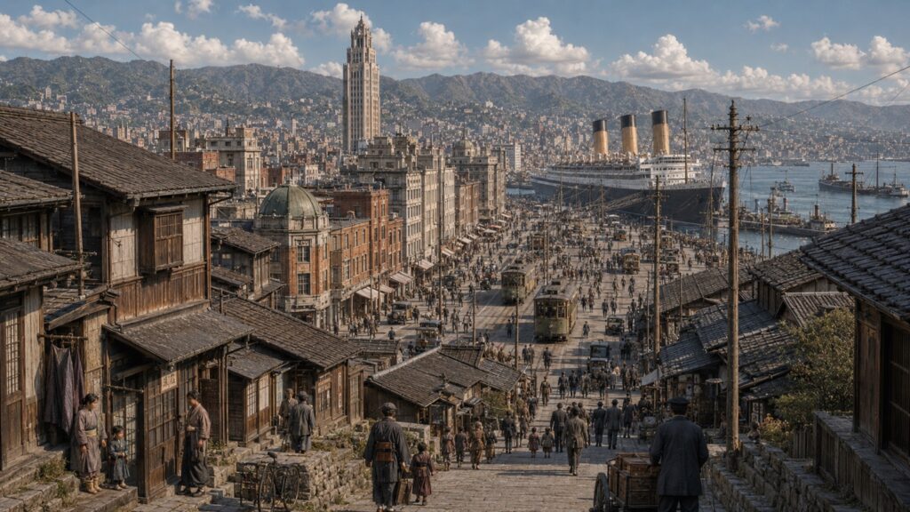 1936年の鏡島で旧市街から国際港湾都市へ続く都市の連続を描いたOCS再構成ビジュアル