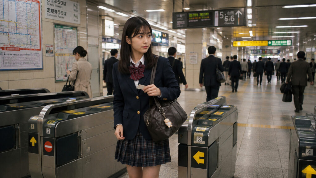 1996年東京の駅改札前で紙の乗車券を持つ神谷美緒の再構成シーン