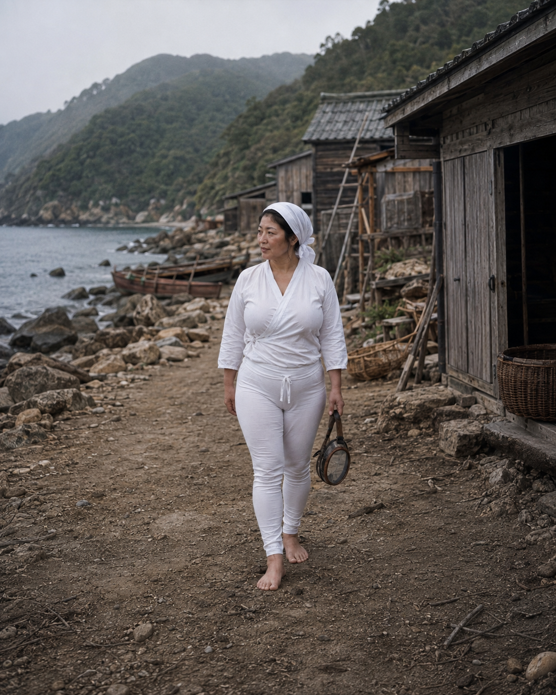1972年、三重県安乗の海辺に立つ海女・浜崎志乃の視覚再構成