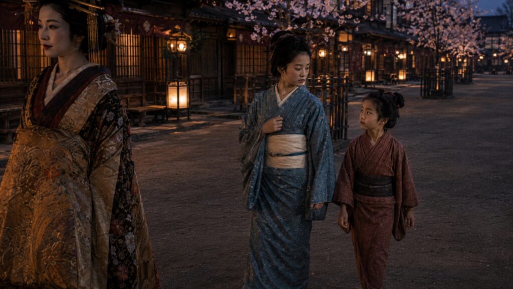 1795年 江戸・新吉原、花魁・紫月に禿と新造が付き従う一行