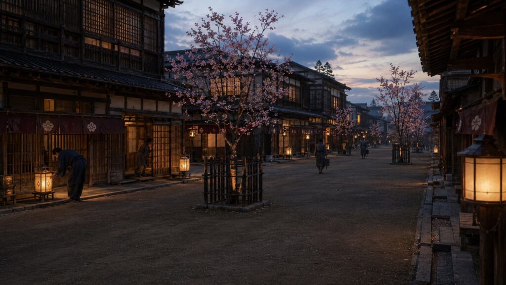 1795年 江戸・新吉原、春の仲之町の通りと桜の景観