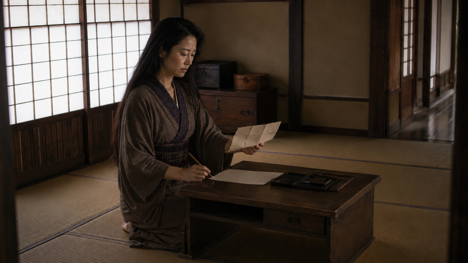 1795年 江戸・新吉原、髪を下ろし手紙を書く私的な時間の紫月