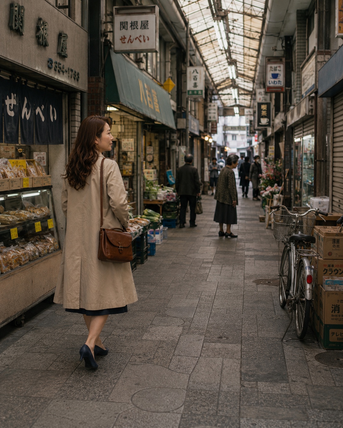 1988年の東京の古いアーケード商店街を歩く水瀬佳乃を再構成したOCS Visual Archive