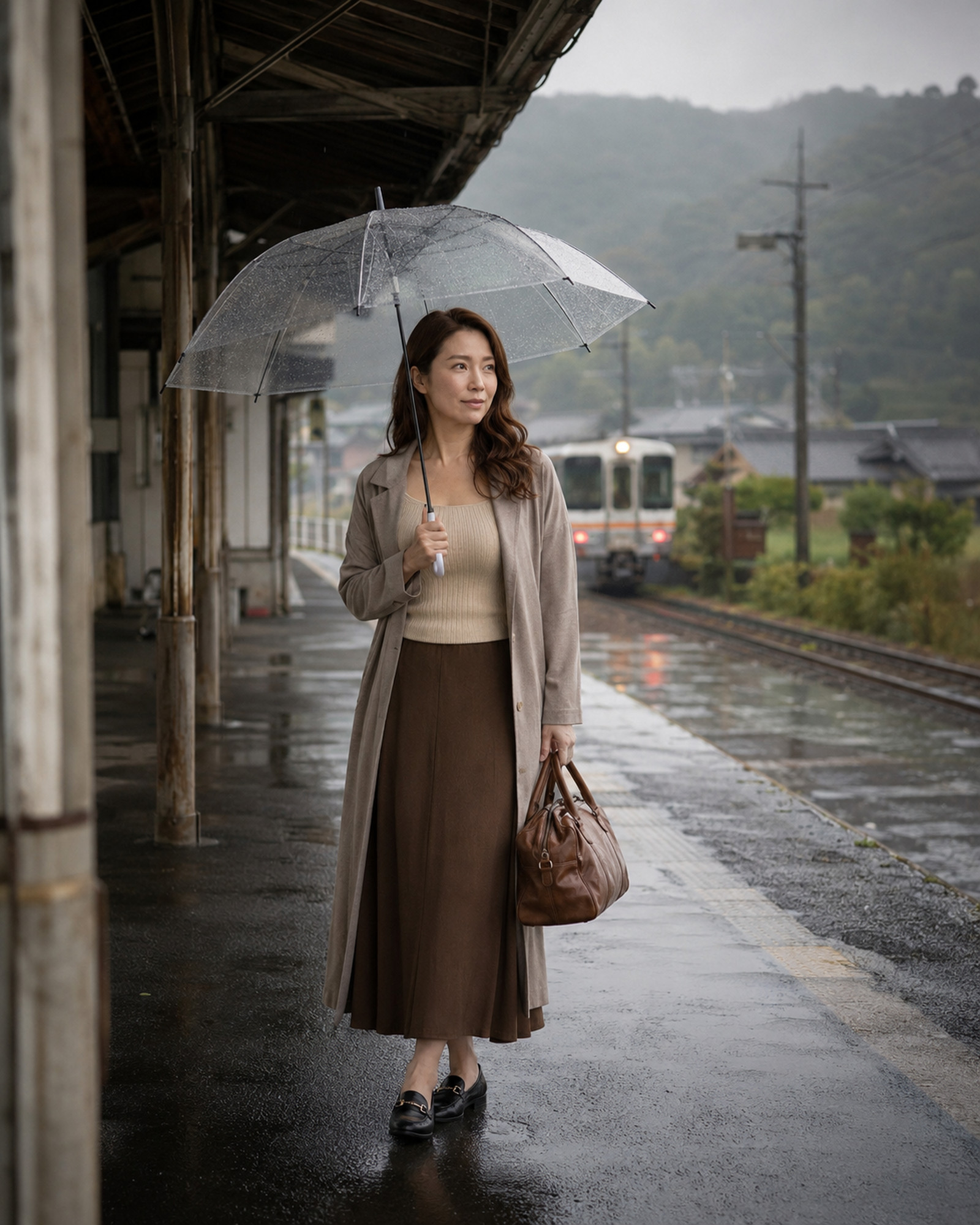 Yoshino Minase arriving at a rain-soaked rural Japanese station in 1989