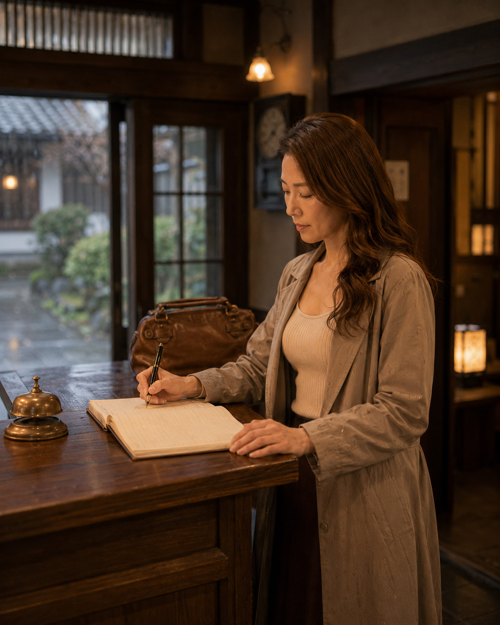 Yoshino Minase signing the guest ledger at an old Japanese ryokan