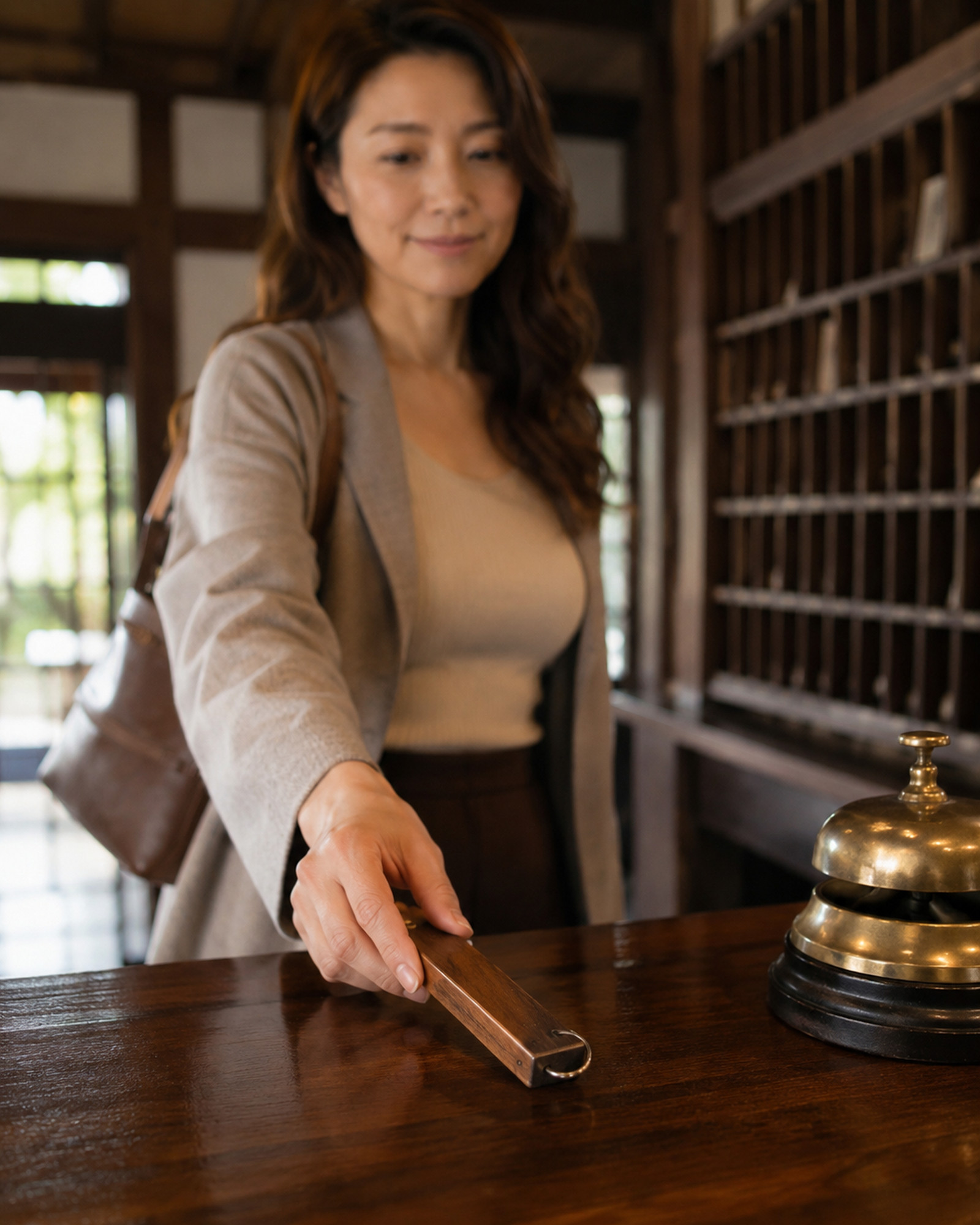 Yoshino Minase receiving a wooden room key at the ryokan front desk