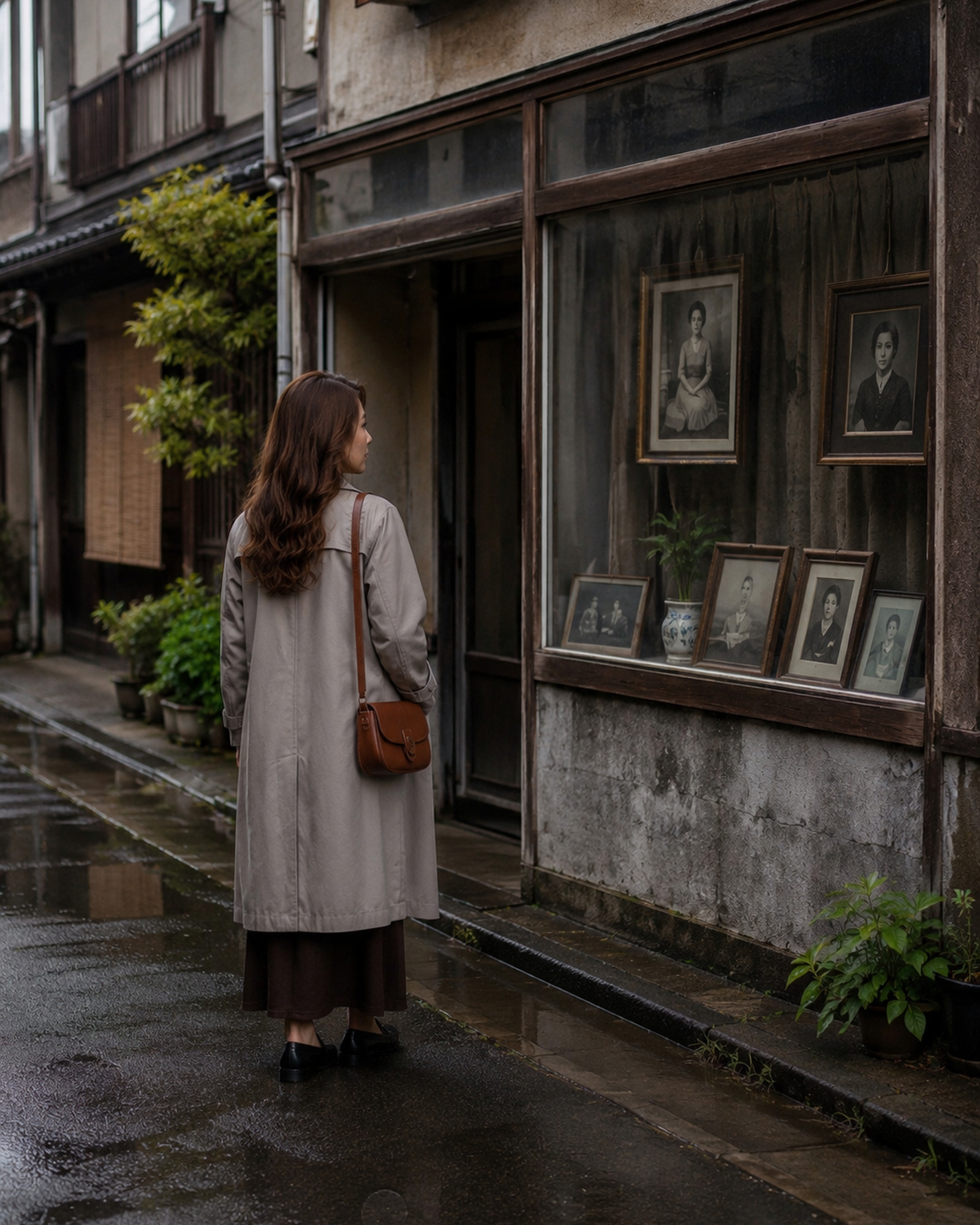 Yoshino Minase looking at old portraits in a rain-darkened Japanese town
