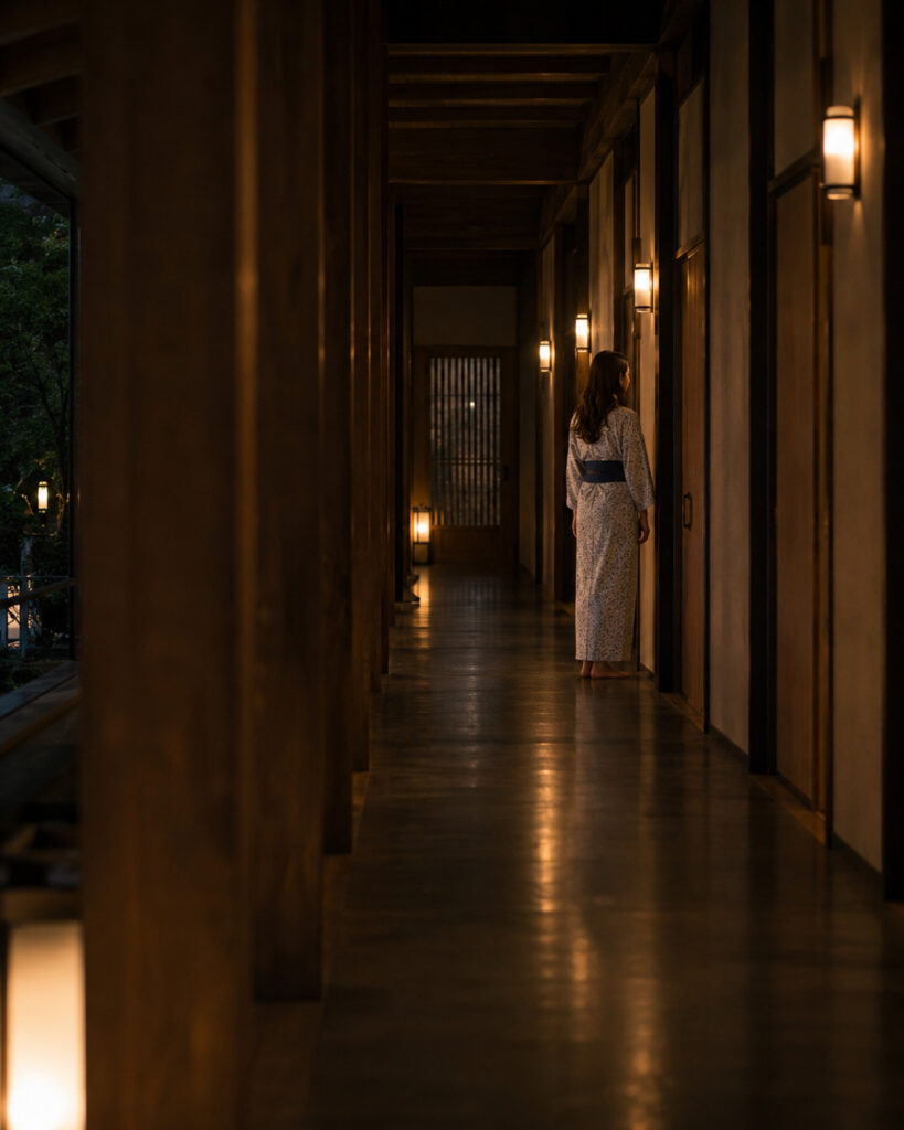 Yoshino Minase in a yukata walking through a lantern-lit wooden ryokan corridor at night