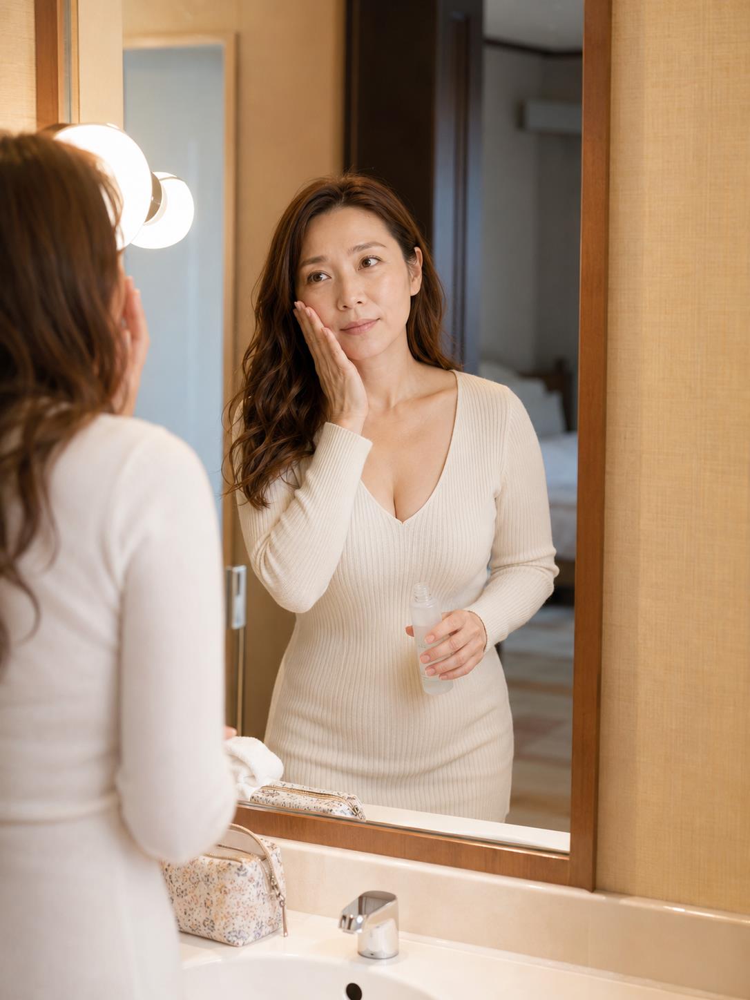 Yoshino Minase looking into a hotel room mirror in a white knit dress