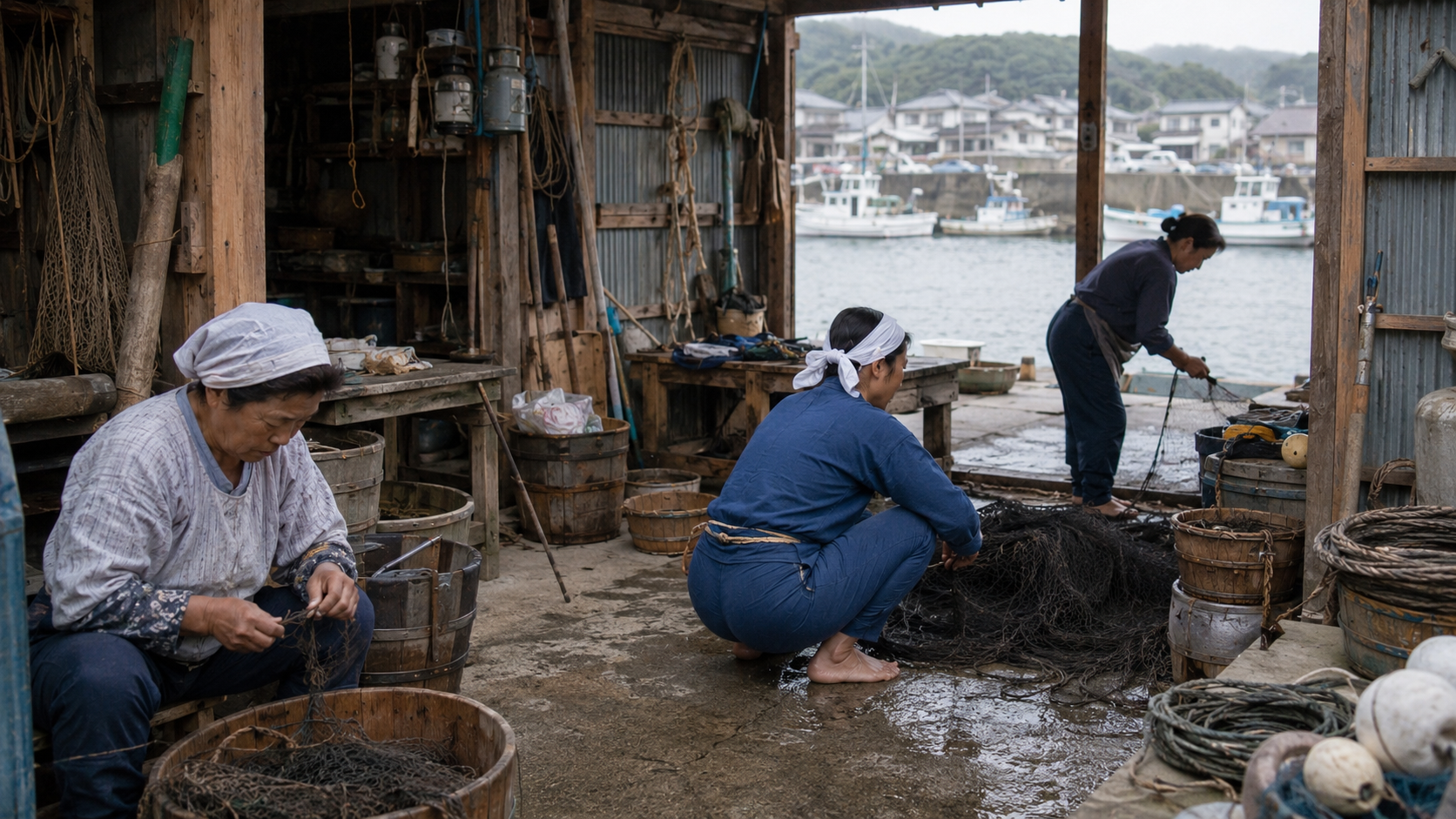 1992年の安乗を再構成した海女小屋。若い海女と年長の女性たちが網や道具の手入れを続けている。