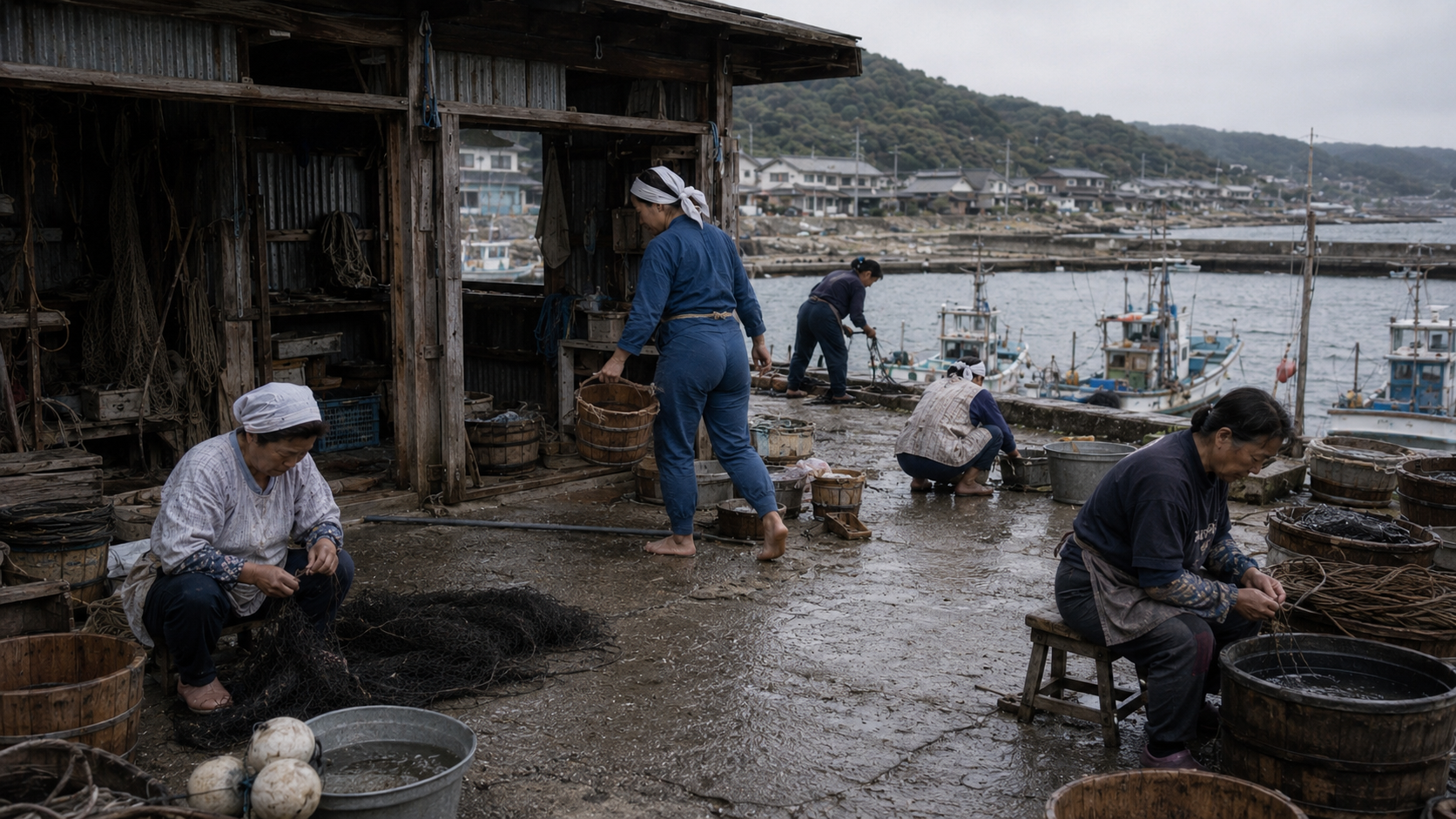 海況によって潜水が見送られた朝、1992年の安乗港で海女たちが陸上作業へ仕事を切り替える再構成場面。