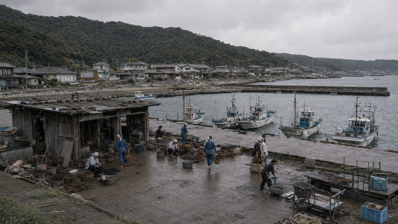 1992年の安乗港を再構成した広い場面。海女小屋の外で複数の人が道具や漁具を扱い、港の仕事が続いている。