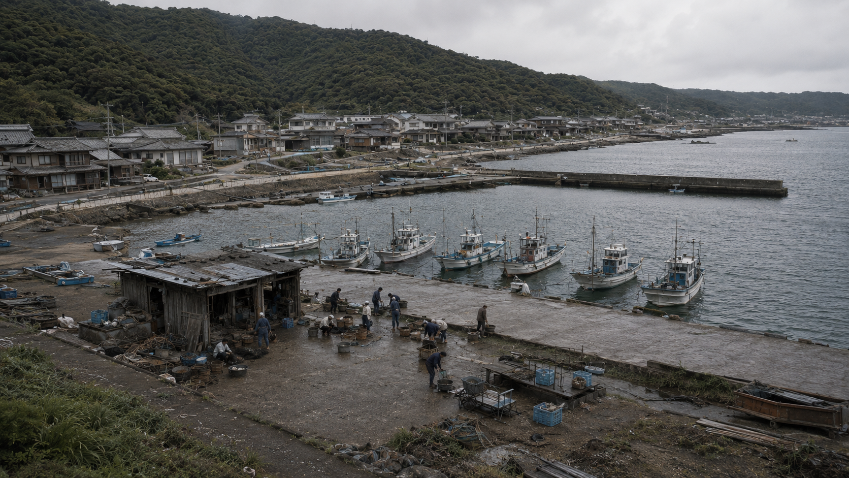 1992年の安乗を再構成した港の全景。海女小屋、共同作業、漁船、防波堤が一つの仕事世界として見える。